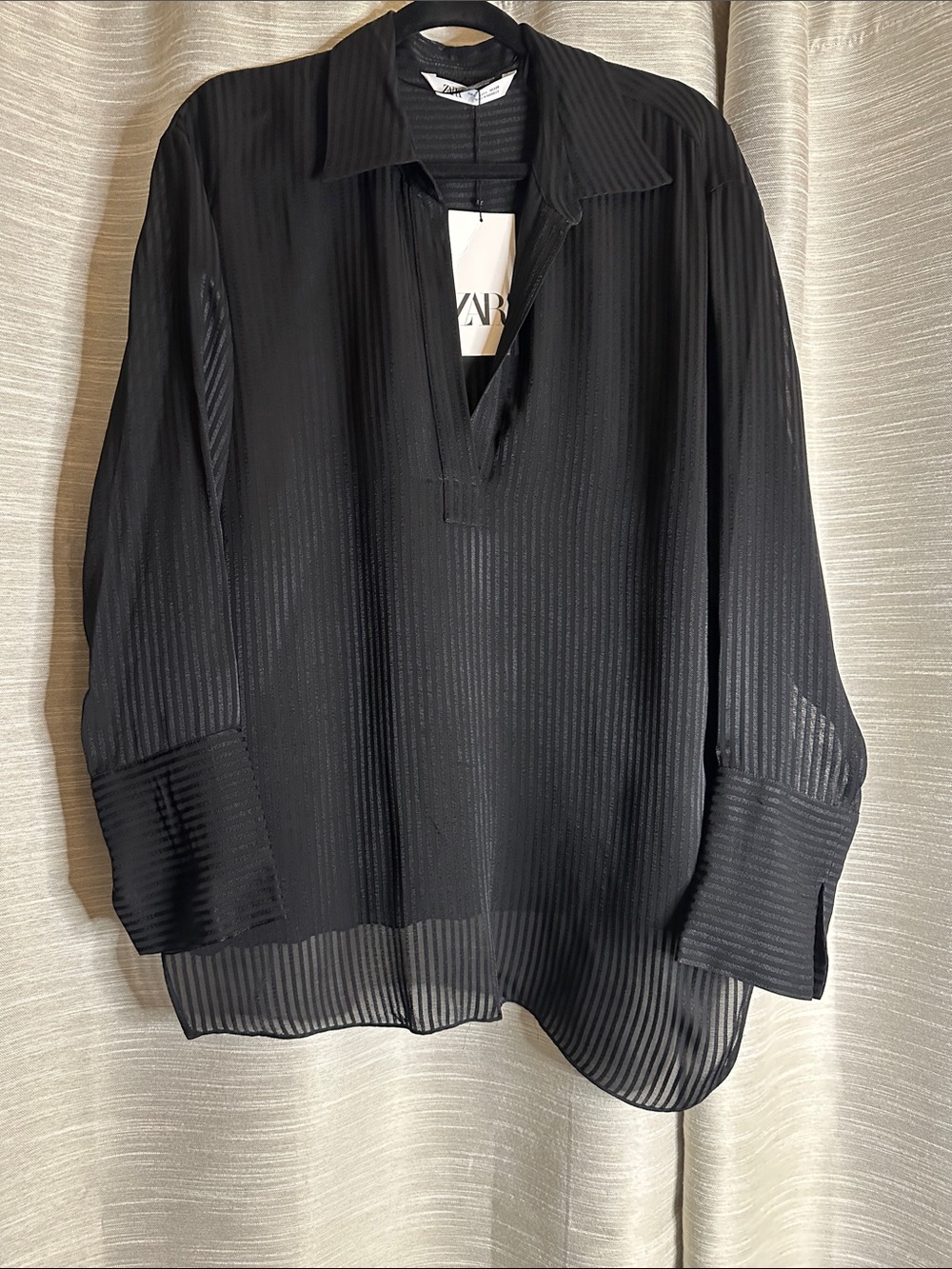 ZARA Black Semi-Sheer Striped V-Neck Tunic Blouse